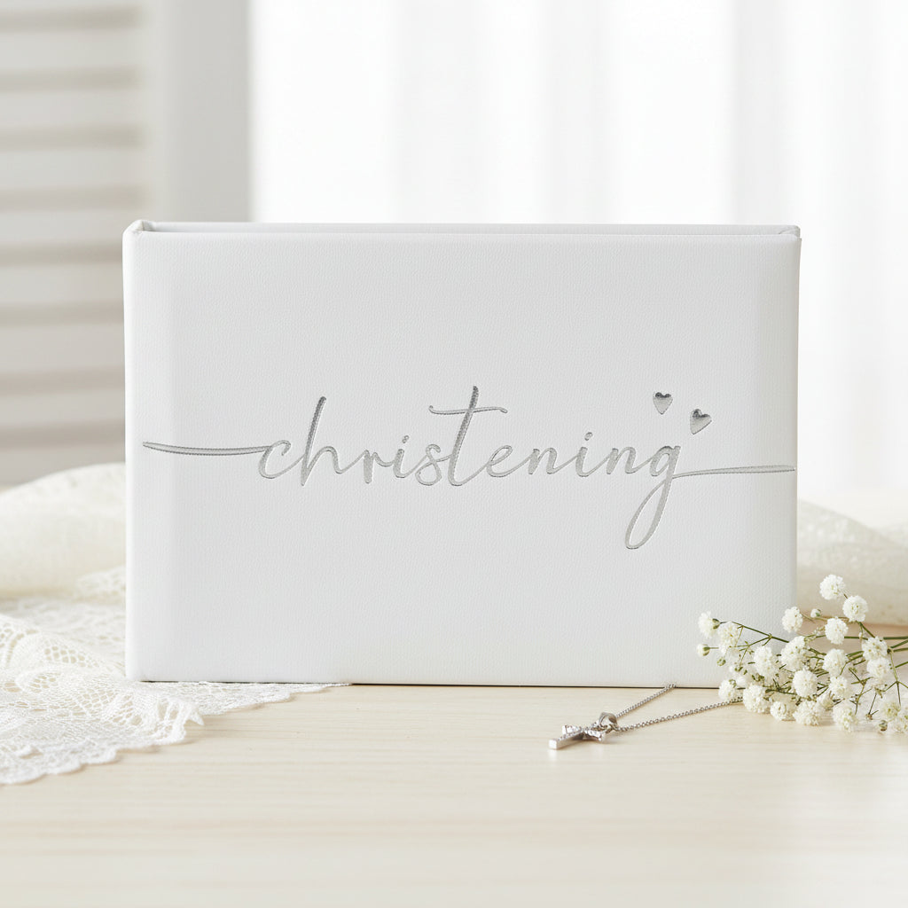 Christening Photo Album – Modern Script Design | White Leather Keepsake Book Christening Photo Album ukgiftstoreonline