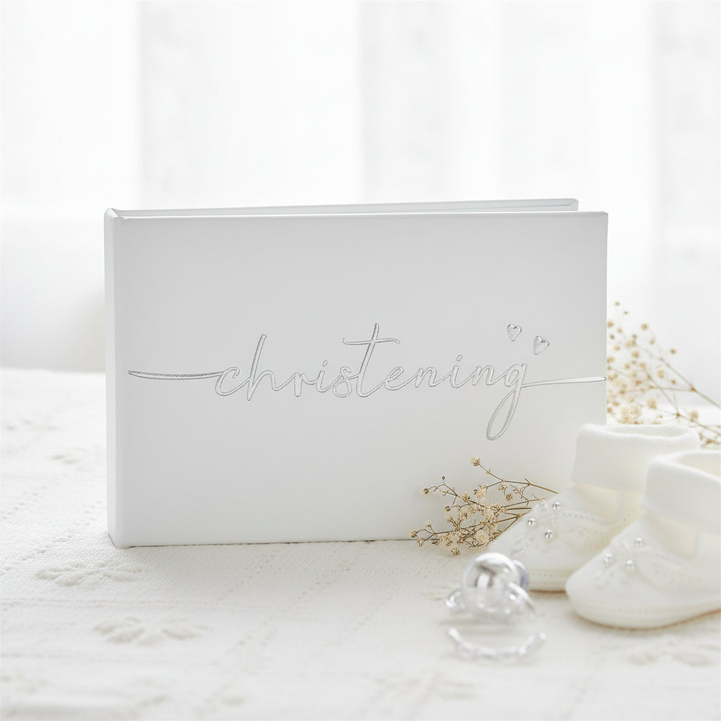 Christening Photo Album – Modern Script Design | White Leather Keepsake Book Christening Photo Album ukgiftstoreonline