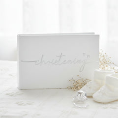 Christening Photo Album – Modern Script Design | White Leather Keepsake Book Christening Photo Album ukgiftstoreonline