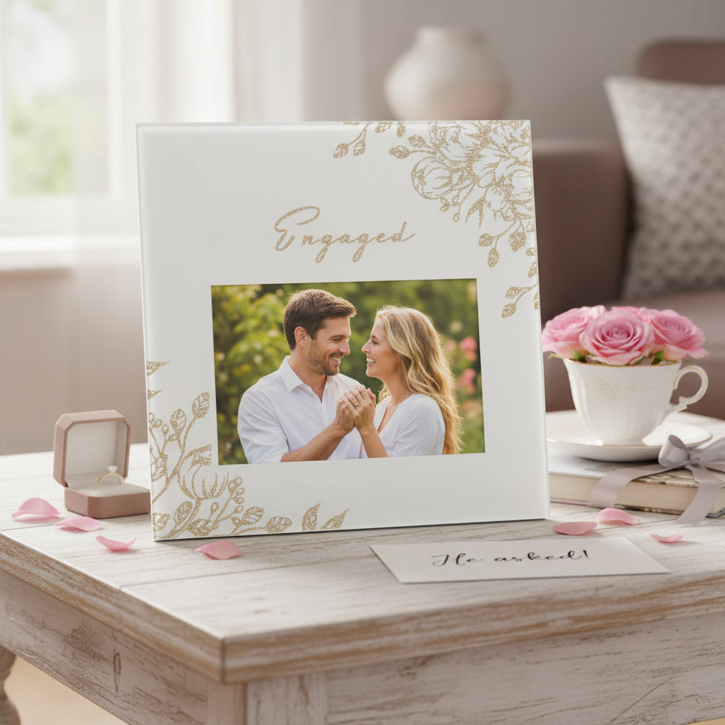 Engagement Glass Photo Frame – Pale Grey Keepsake With Gold Glitter Detail ukgiftstoreonline