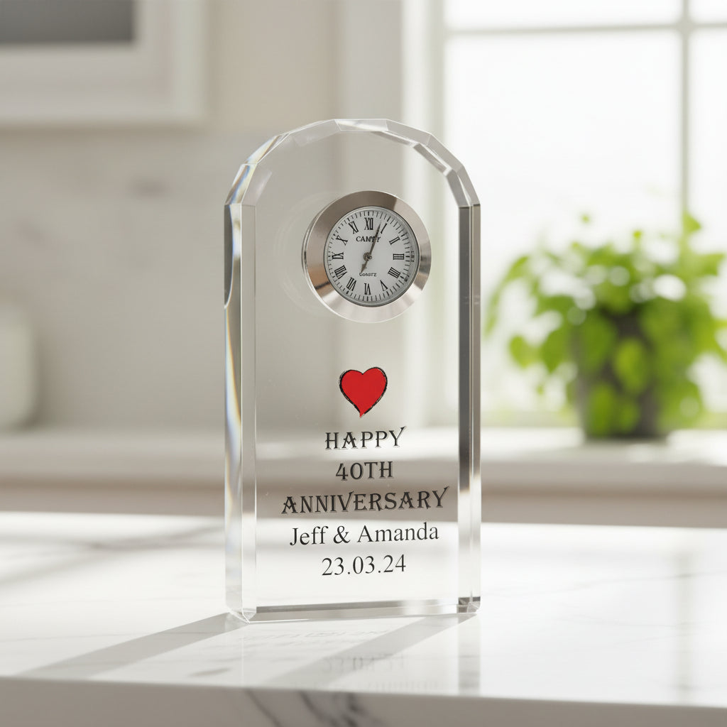 Personalised 40th Wedding Anniversary Crystal Glass Clock Gift Personalised Crystal Glass ukgiftstoreonline