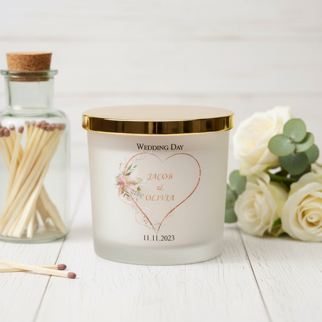 Personalised Large Double Wick Wedding Candle Gift With Rose Gold Heart personalised Candle Lights ukgiftstoreonline