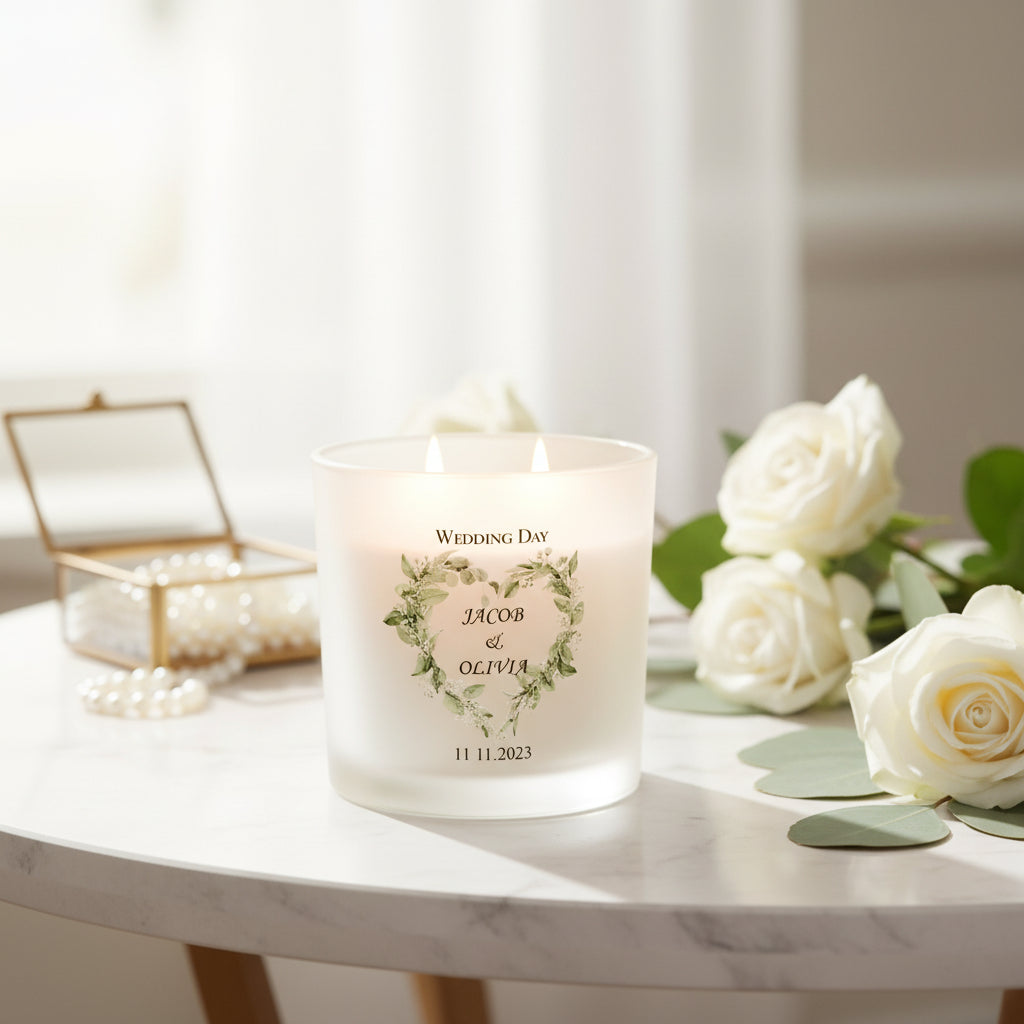 Personalised Large Double Wick Wedding Candle Gift With Floral Heart personalised Candle Lights ukgiftstoreonline
