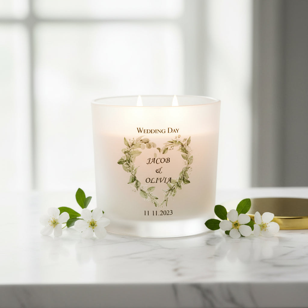 Personalised Large Double Wick Wedding Candle Gift With Floral Heart personalised Candle Lights ukgiftstoreonline
