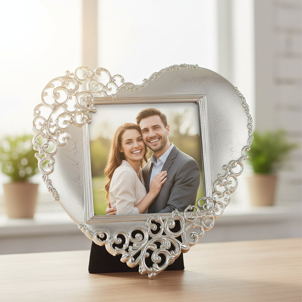Silver Heart Photo Frame – Elegant 3x3 Lace Heart Decor for Valentine & Anniversary Gift ukgiftstoreonline