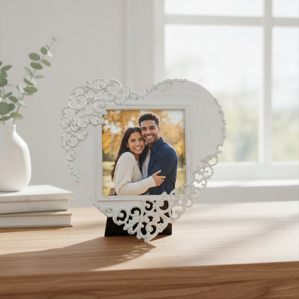 Heart Photo Frame – White Antique Lace 3x3 Filigree Frame | Valentine Gift ukgiftstoreonline