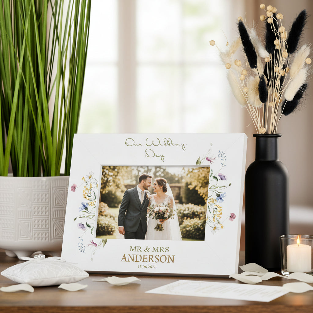 Personalised Wedding Photo Frame – Custom Engraved Floral Wildflower Keepsake 6x4 Photo Frame ukgiftstoreonline