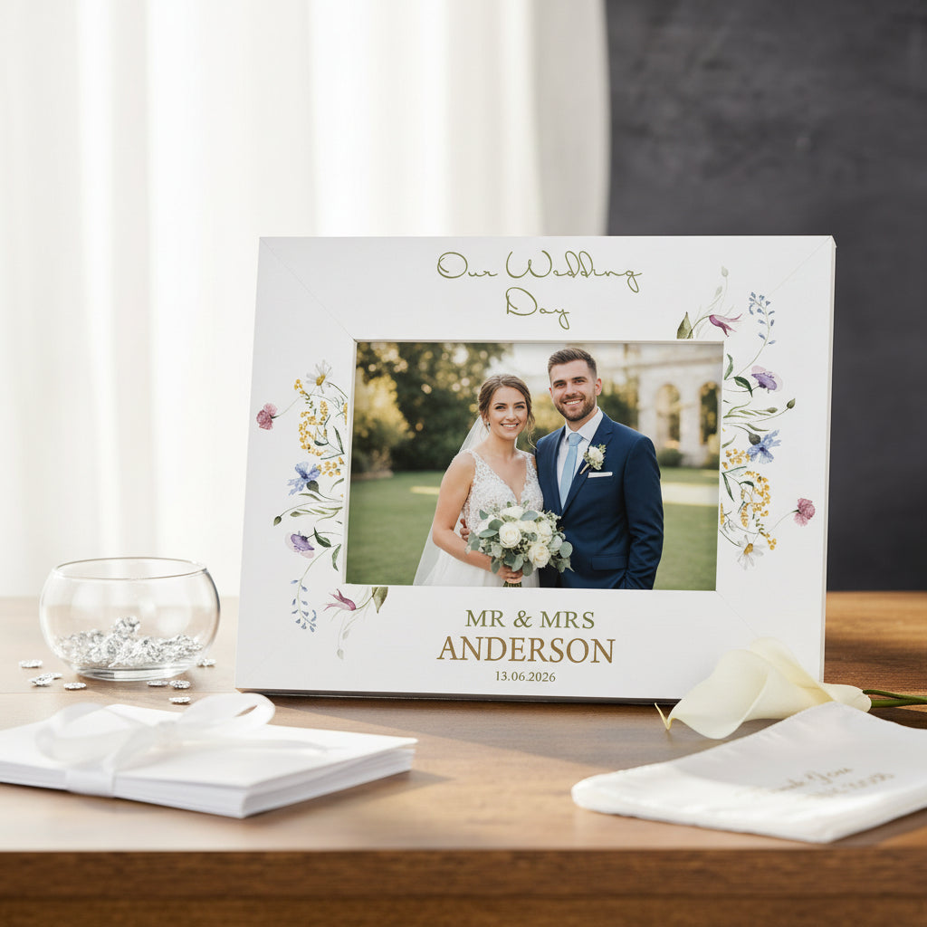 Personalised Wedding Photo Frame – Custom Engraved Floral Wildflower Keepsake 6x4 Photo Frame ukgiftstoreonline