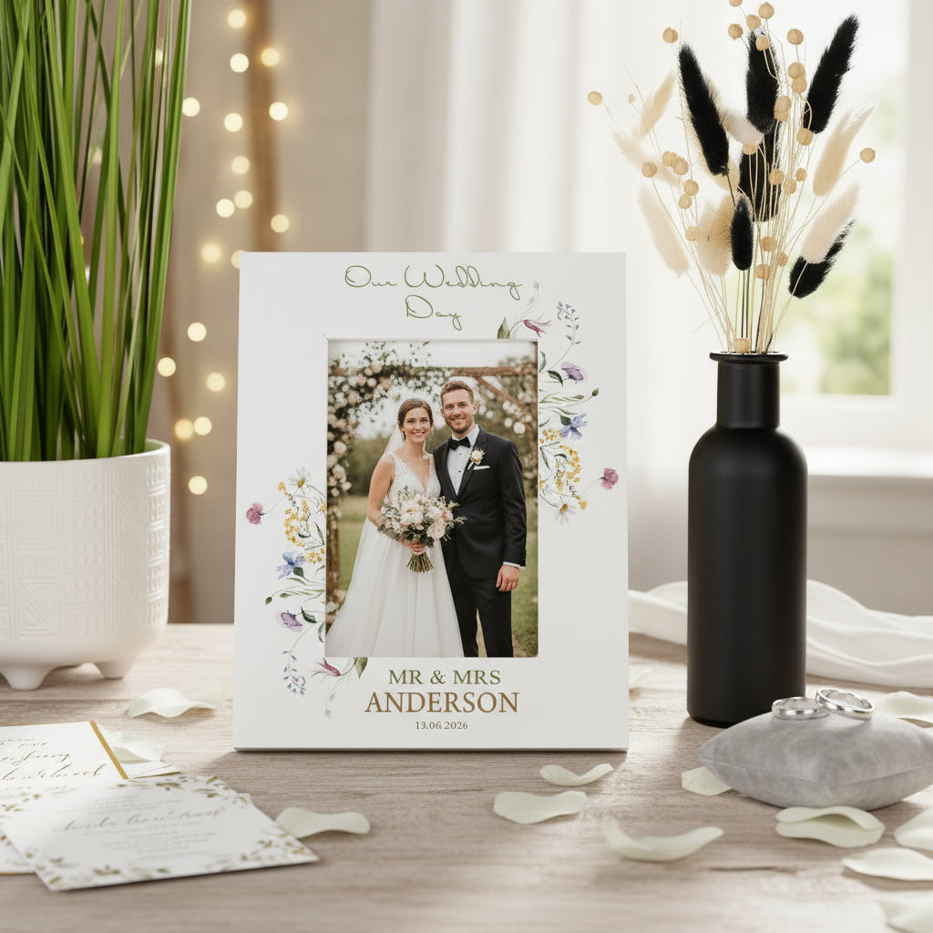 Personalised Wedding Photo Frame – Custom Engraved Floral Wildflower Keepsake 6x4 Photo Frame ukgiftstoreonline