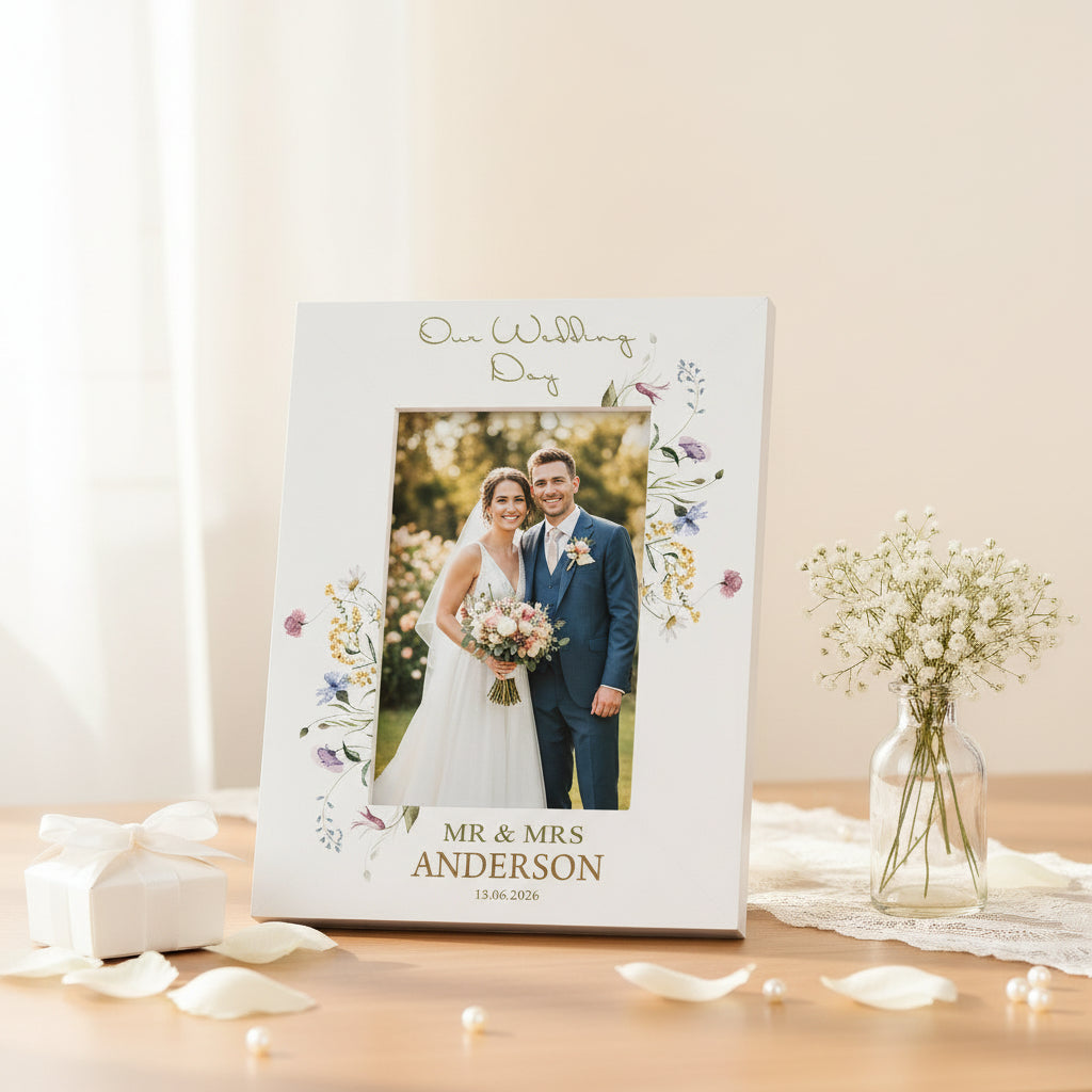 Personalised Wedding Photo Frame – Custom Engraved Floral Wildflower Keepsake 6x4 Photo Frame ukgiftstoreonline