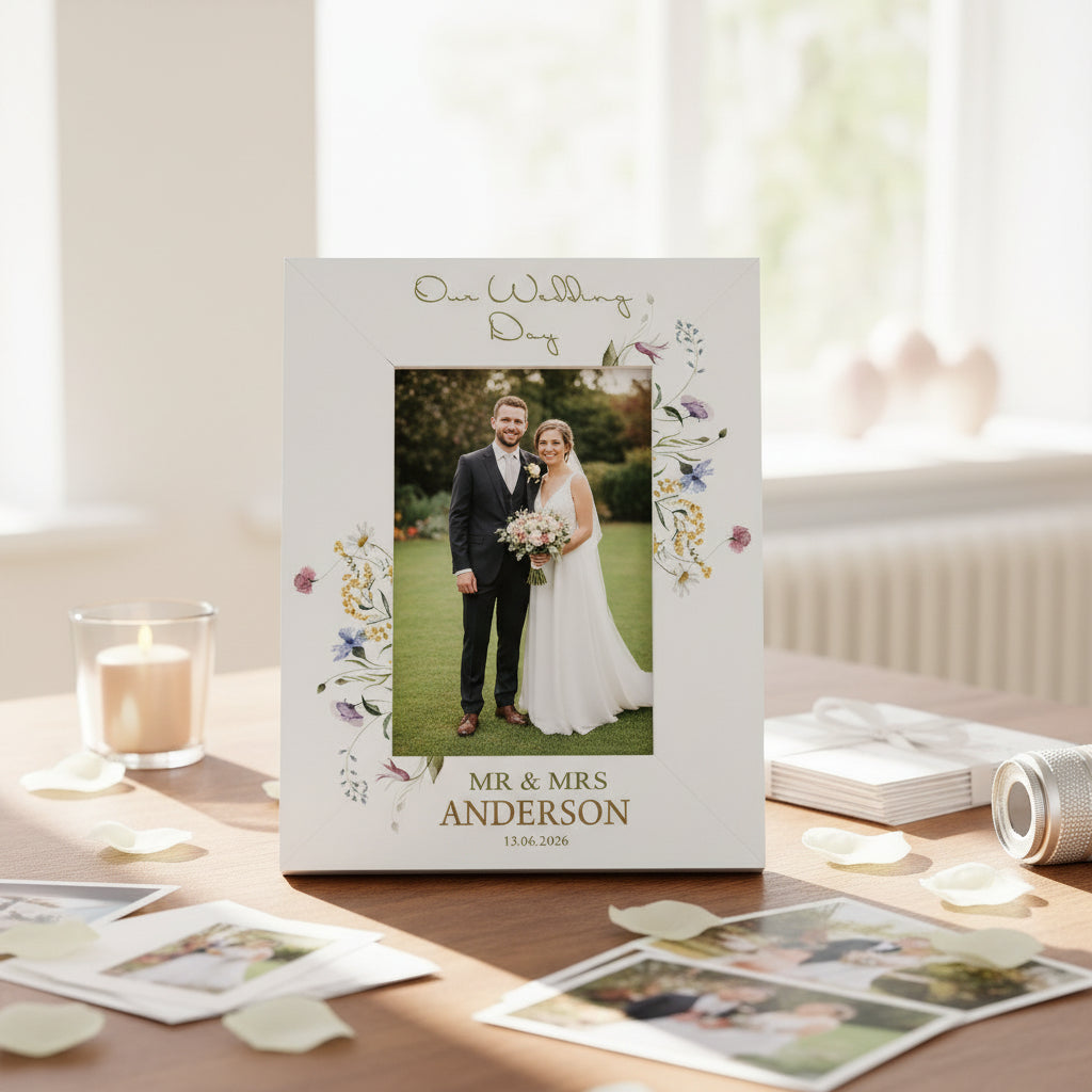 Personalised Wedding Photo Frame – Custom Engraved Floral Wildflower Keepsake 6x4 Photo Frame ukgiftstoreonline Portrait