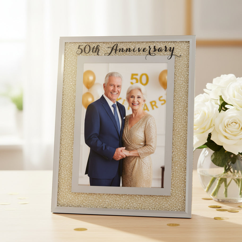 50th Anniversary Photo Frame – Golden Wedding Frame with Crystal Border 5x7 Keepsake Gift Anniversary Photo Frame ukgiftstoreonline