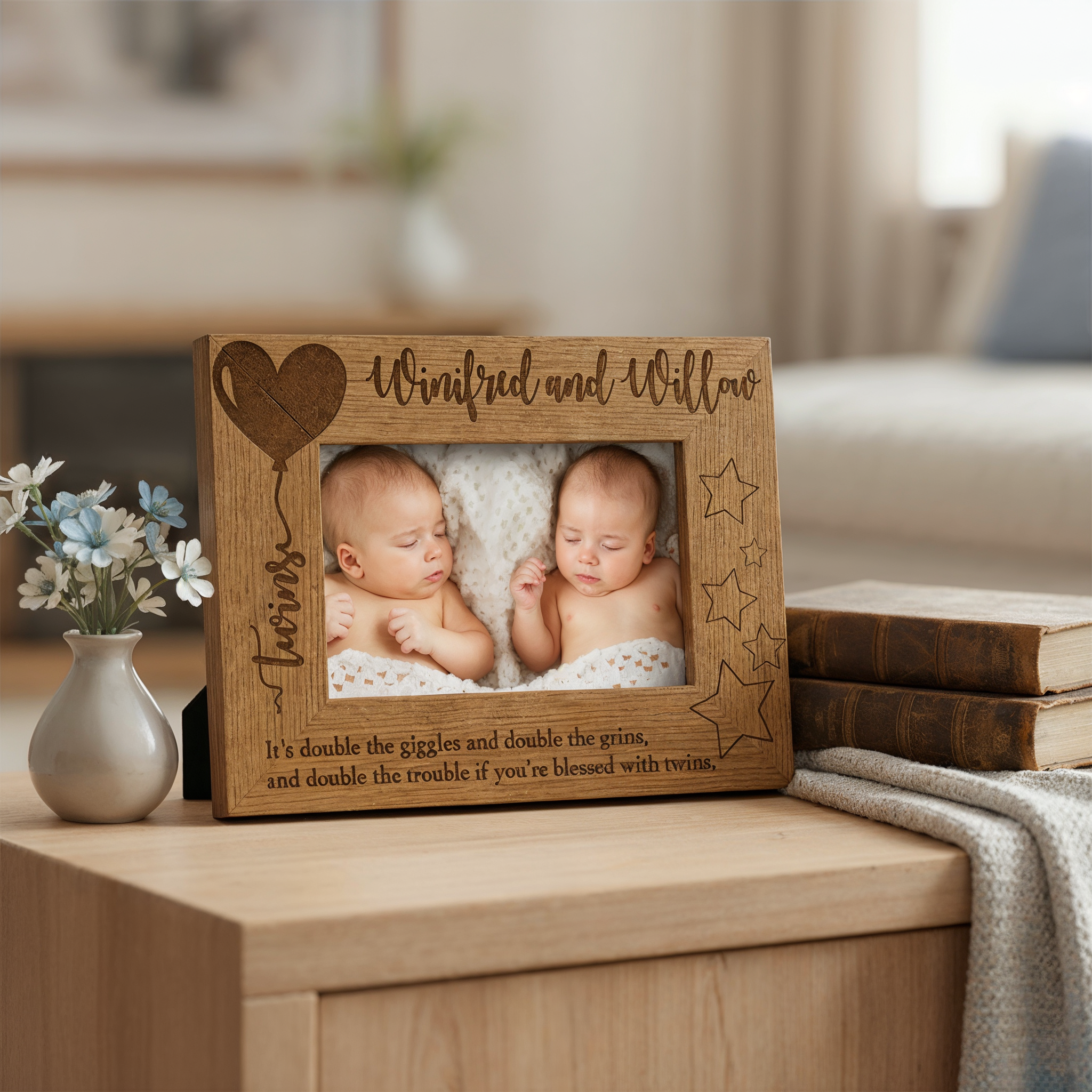 Personalised Twins Balloon Design Wooden Photo Frame Gift (4 x 6) Twins Photo Frame ukgiftstoreonline