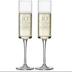 Pair Of Modern and Elegant Personalised 10th anniversary Tall Champagne Prosecco Glasses Gift