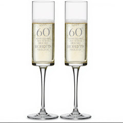 Pair Of Modern and Elegant Personalised 60th anniversary Tall Champagne Prosecco Glasses Gift