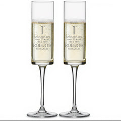 Pair Of Modern and Elegant Personalised 1st anniversary Tall Champagne Prosecco Glasses Gift