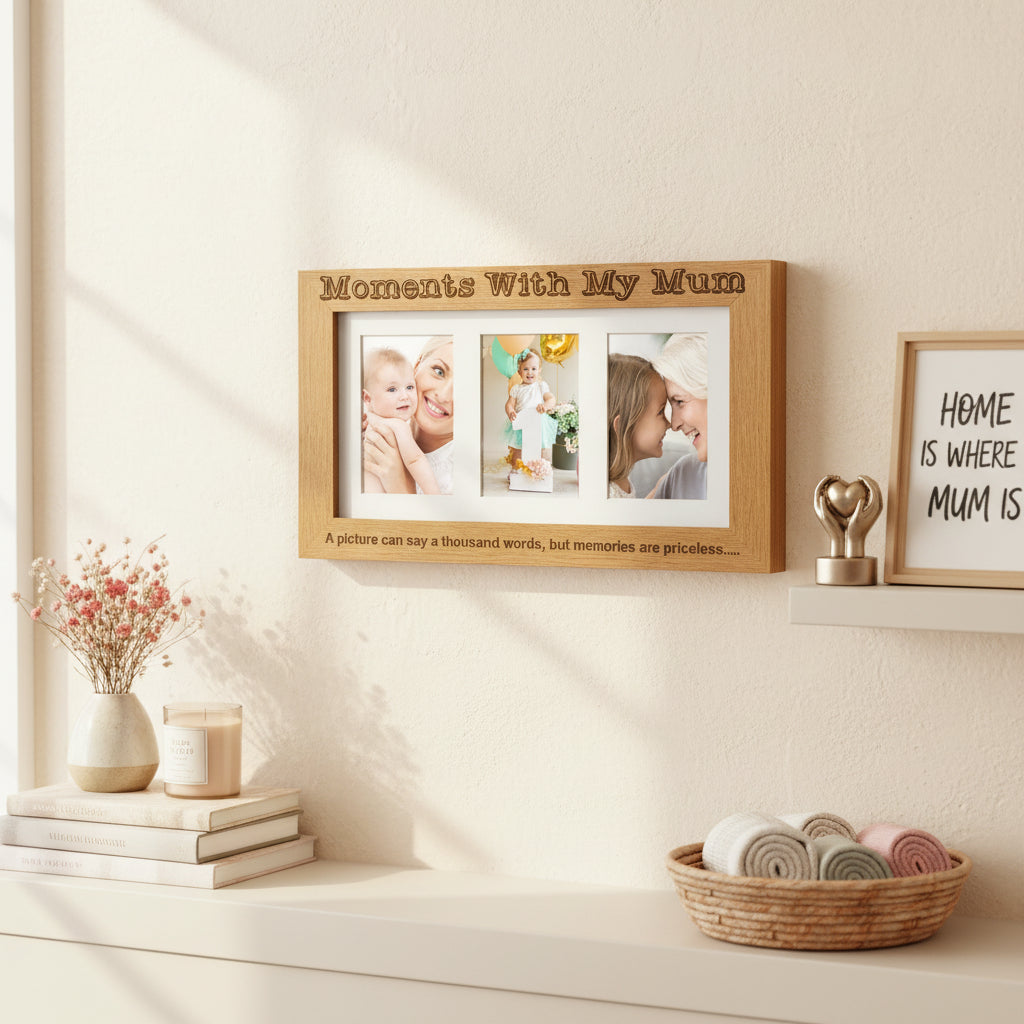 Moments With Mum Engraved Wooden Triple picture photo frame for Mothers Day Birthday or Christmas Mum Photo Frame ukgiftstoreonline
