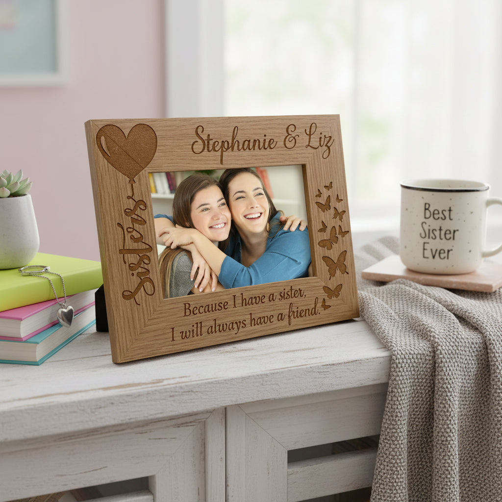 Personalised Sisters Butterfly Photo Picture Frame Oak Wood Finish Engraved Personalised Gifts ukgiftstoreonline