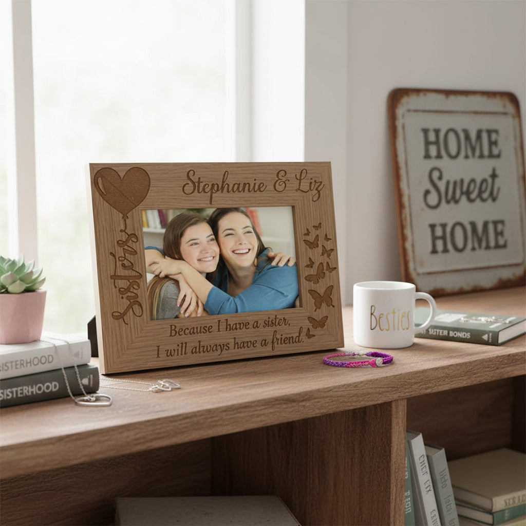 Personalised Sisters Butterfly Photo Picture Frame Oak Wood Finish Engraved Personalised Gifts ukgiftstoreonline