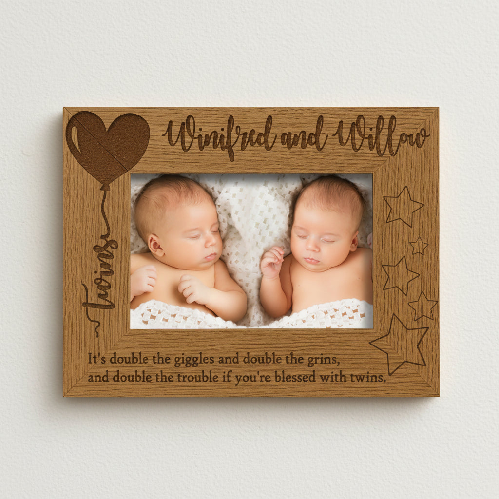Personalised Twins Balloon Design Wooden Photo Frame Gift (4 x 6) Twins Photo Frame ukgiftstoreonline