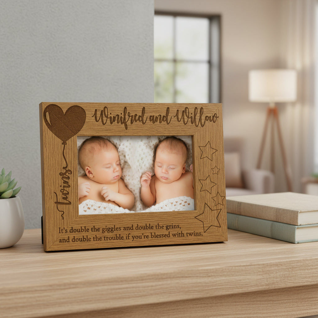 Personalised Twins Balloon Design Wooden Photo Frame Gift (4 x 6) Twins Photo Frame ukgiftstoreonline
