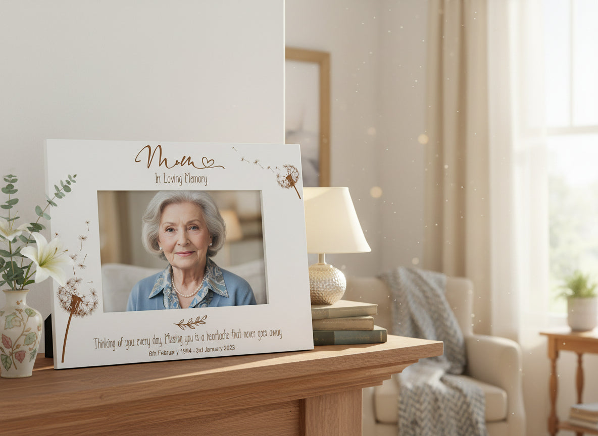 Mum Remembrance White Engraved Photo Frame Personalised Landscape With Dandelions Family Photo frame ukgiftstoreonline