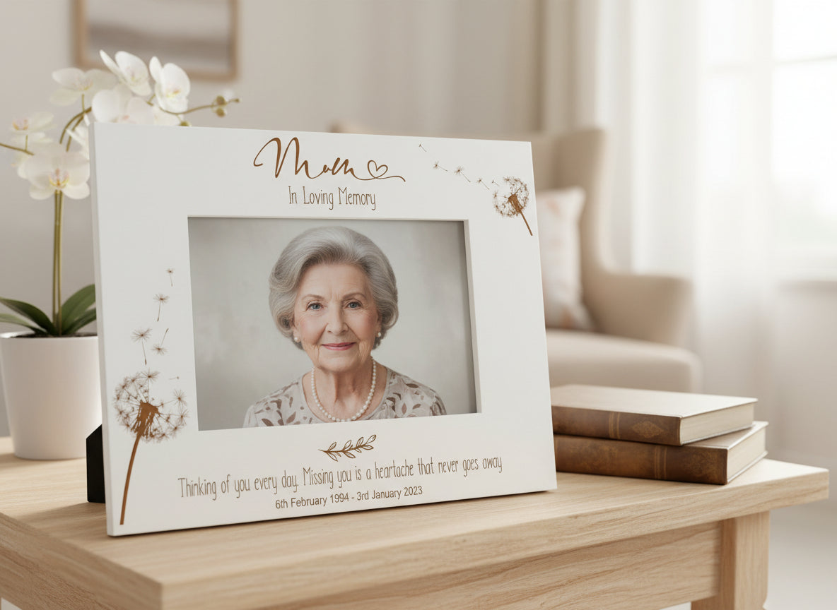 Mum Remembrance White Engraved Photo Frame Personalised Landscape With Dandelions Family Photo frame ukgiftstoreonline