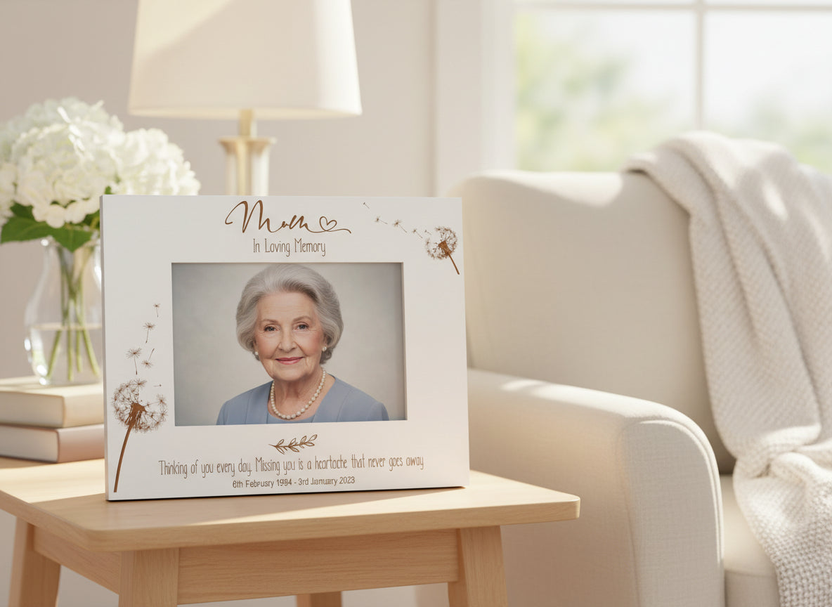 Mum Remembrance White Engraved Photo Frame Personalised Landscape With Dandelions Family Photo frame ukgiftstoreonline