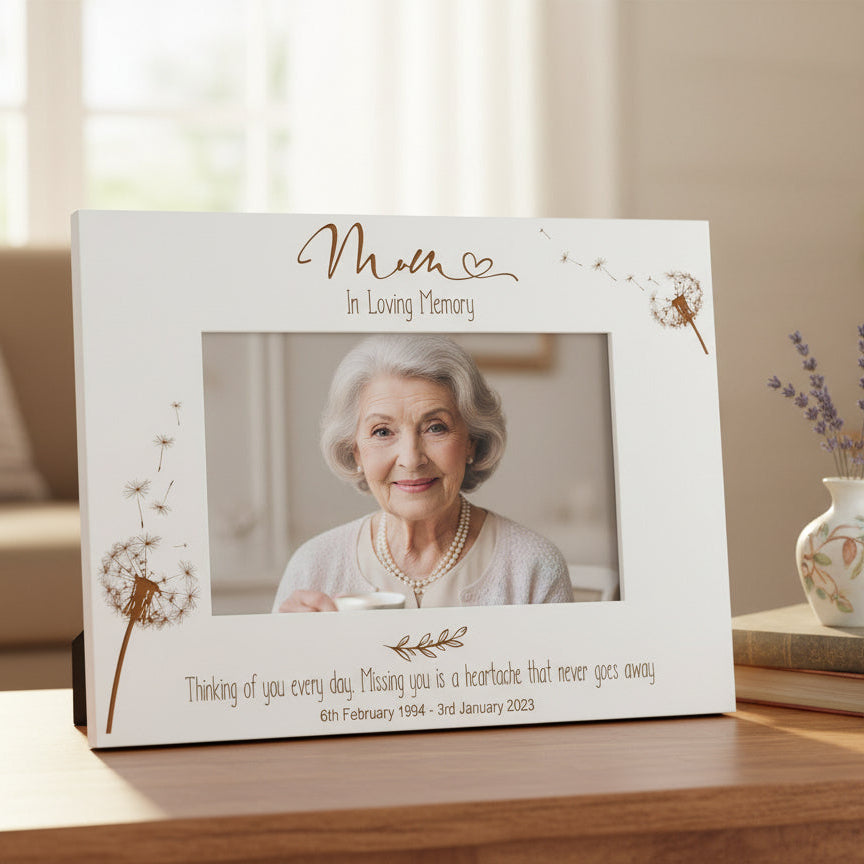 Mum Remembrance White Engraved Photo Frame Personalised Landscape With Dandelions Family Photo frame ukgiftstoreonline