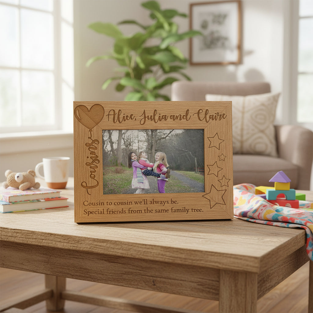 Personalised Cousins Engraved Wooden Photo Frame Balloon Design Photo Frame ukgiftstoreonline