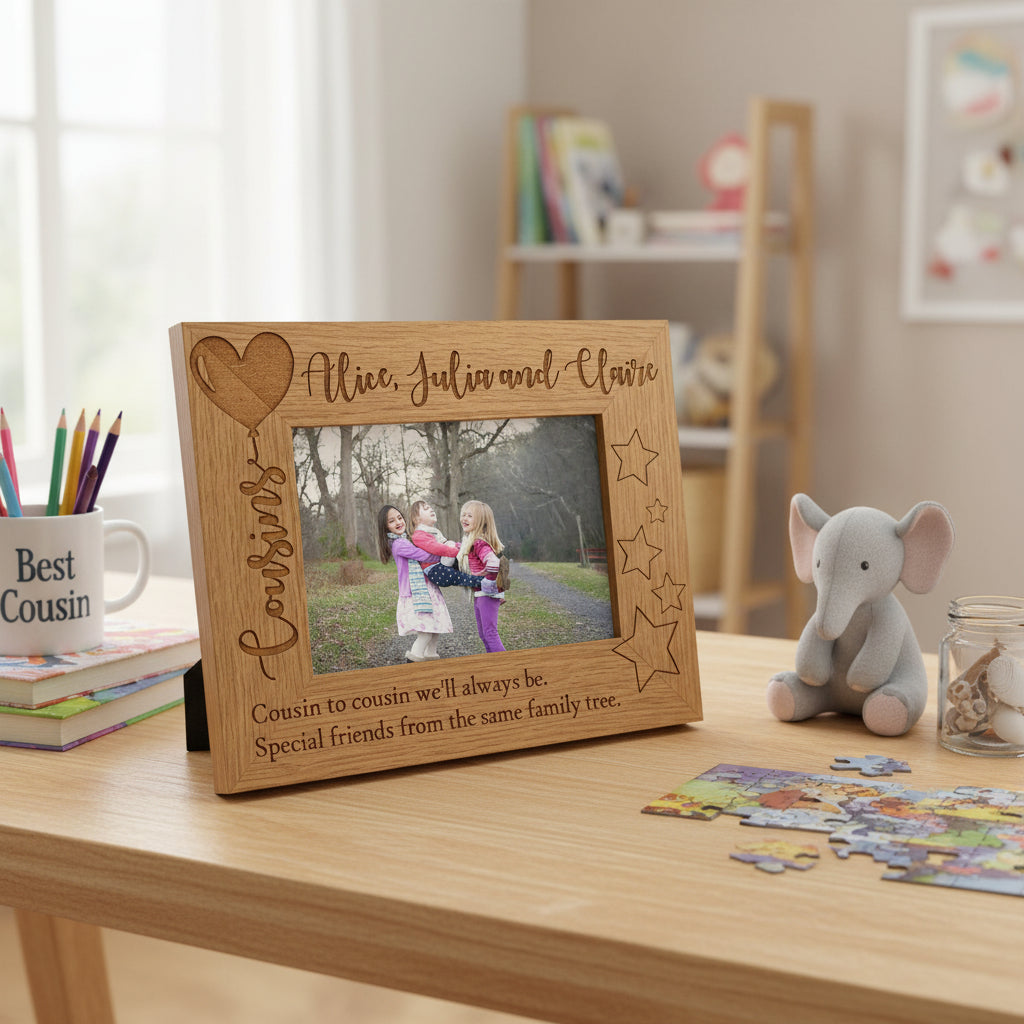 Personalised Cousins Engraved Wooden Photo Frame Balloon Design Photo Frame ukgiftstoreonline