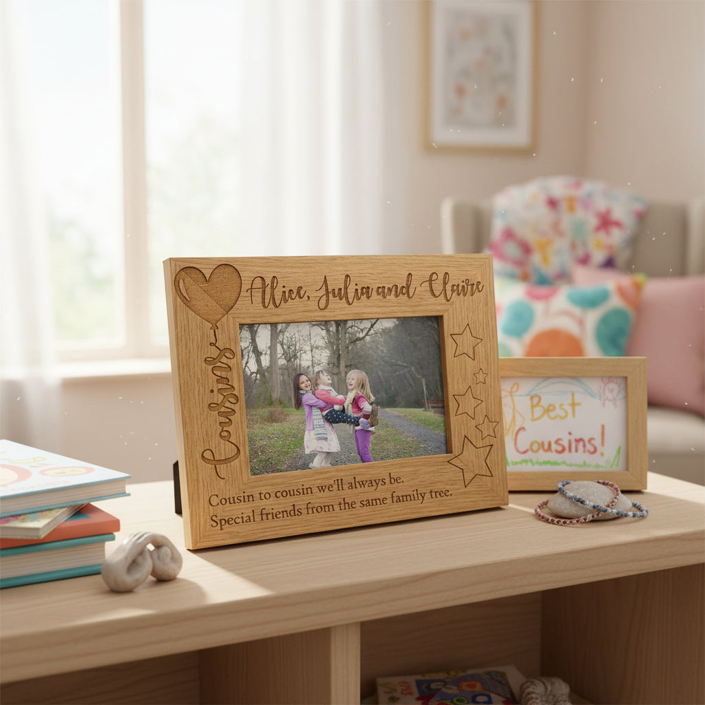 Personalised Cousins Engraved Wooden Photo Frame Balloon Design Photo Frame ukgiftstoreonline