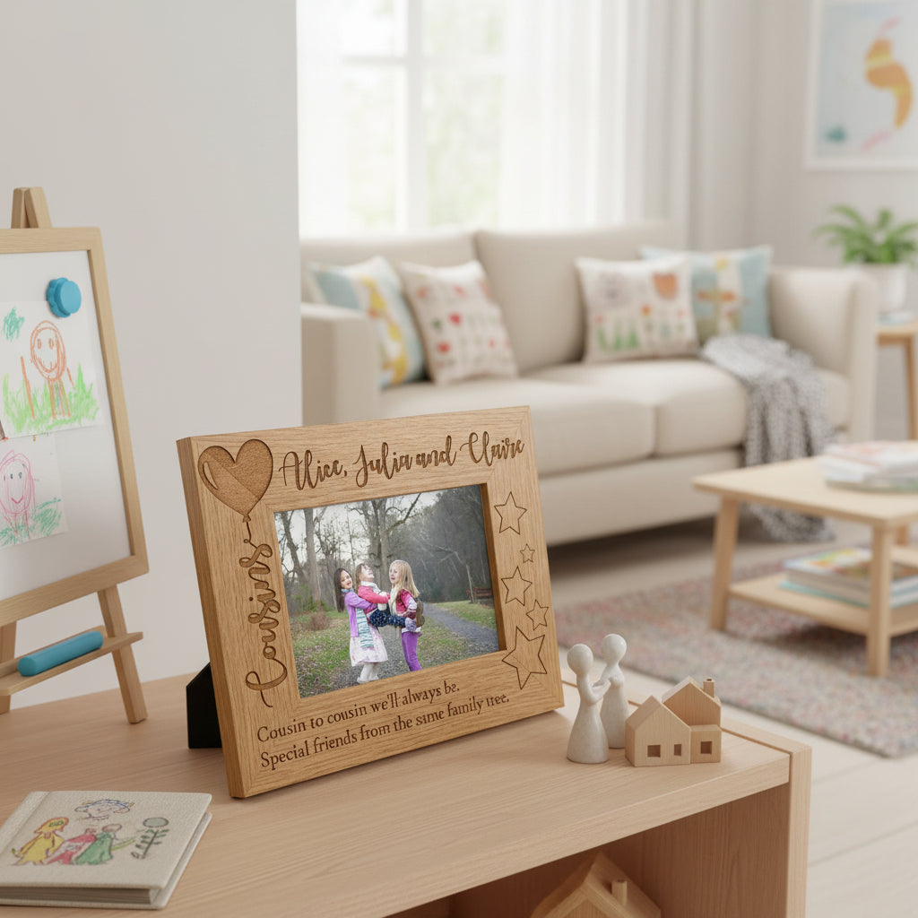 Personalised Cousins Engraved Wooden Photo Frame Balloon Design Photo Frame ukgiftstoreonline