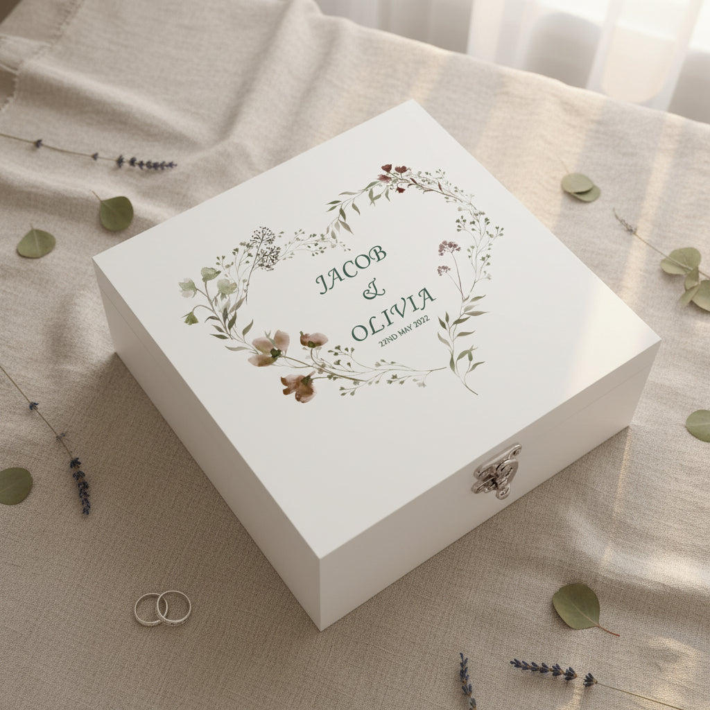 Personalised Luxury Wooden Wedding Box Keepsakes With Watercolour Floral Heart Keepsake Wooden Box ukgiftstoreonline