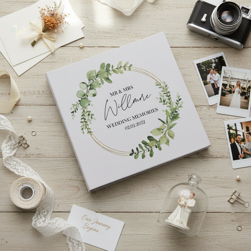 Personalised Large Wedding Photo Album Gift Linen Cover Eucalyptus Wreath Linen Photo Album ukgiftstoreonline
