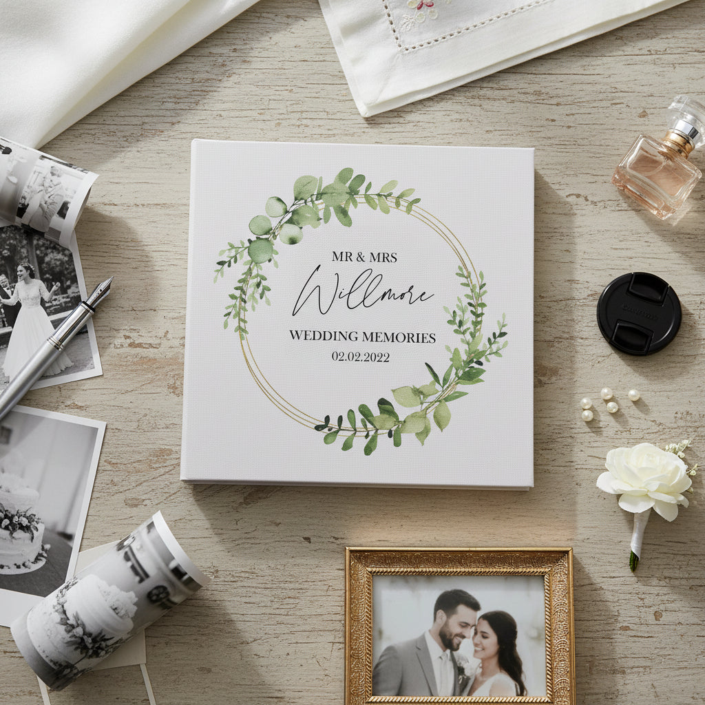 Personalised Large Wedding Photo Album Gift Linen Cover Eucalyptus Wreath Linen Photo Album ukgiftstoreonline