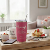 Personalised Engraved Thermal Travel Mug Gift For Her Reusable Coffee Tumbler Cup With Metal Straw Flower Theme Personalised Gifts ukgiftstoreonline Pink