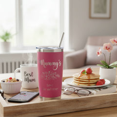 Personalised Engraved Thermal Travel Mug Gift For Her Reusable Coffee Tumbler Cup With Metal Straw Flower Theme