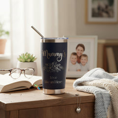 Personalised Engraved Thermal Travel Mug Gift For Her Reusable Coffee Tumbler Cup With Metal Straw Flower Theme