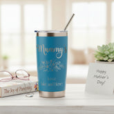 Personalised Engraved Thermal Travel Mug Gift For Her Reusable Coffee Tumbler Cup With Metal Straw Flower Theme Personalised Gifts ukgiftstoreonline Light Blue