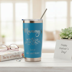 Personalised Engraved Thermal Travel Mug Gift For Her Reusable Coffee Tumbler Cup With Metal Straw Flower Theme