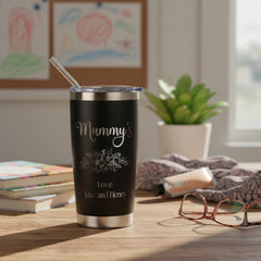 Personalised Engraved Thermal Travel Mug Gift For Her Reusable Coffee Tumbler Cup With Metal Straw Flower Theme