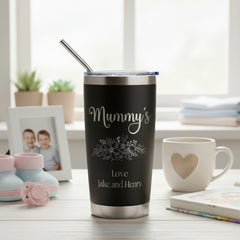 Personalised Engraved Thermal Travel Mug Gift For Her Reusable Coffee Tumbler Cup With Metal Straw Flower Theme