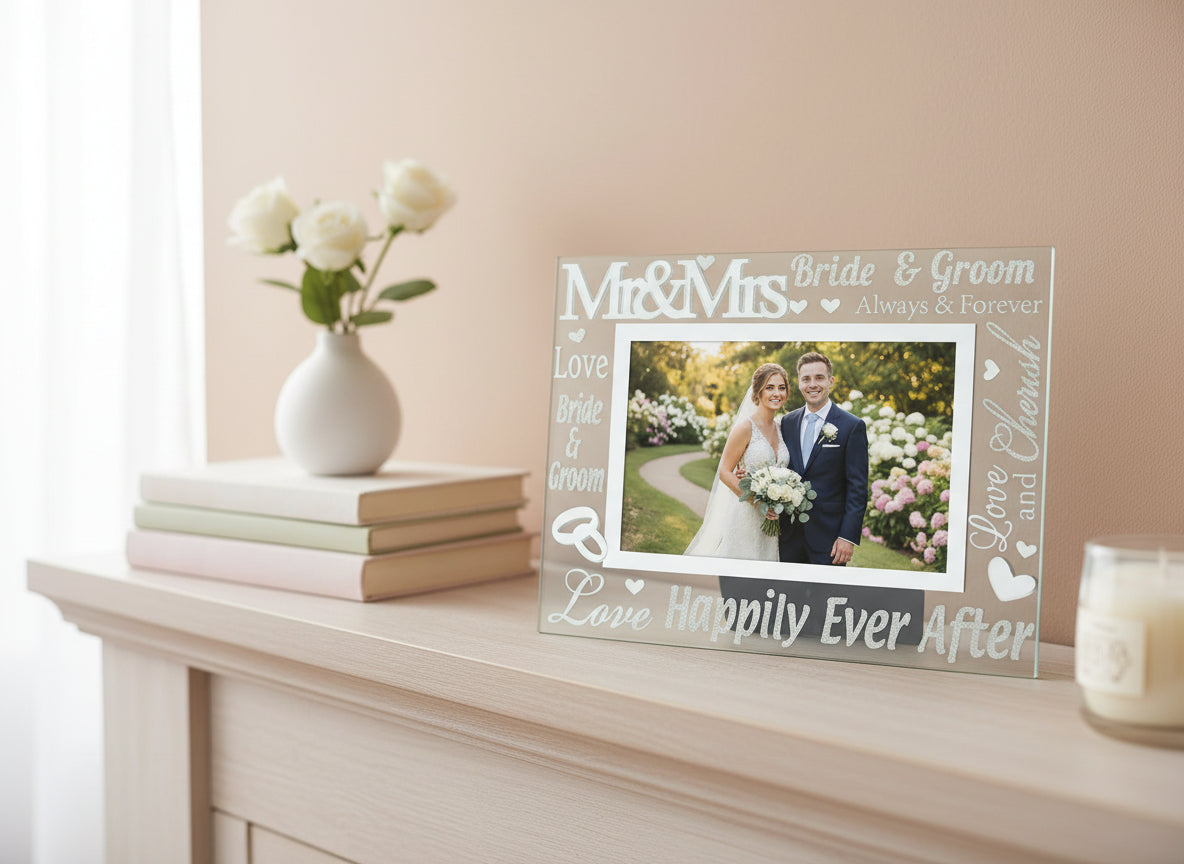 Glass Wedding Photo Frame 4" x 6" With Mirrored Words photo frame ukgiftstoreonline