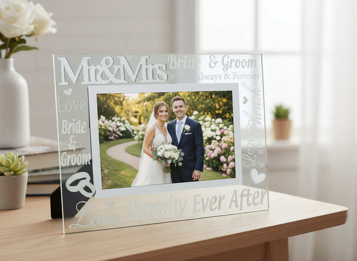 Glass Wedding Photo Frame 4" x 6" With Mirrored Words photo frame ukgiftstoreonline