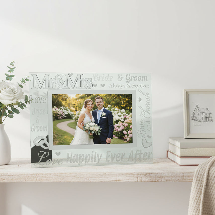Glass Wedding Photo Frame 4" x 6" With Mirrored Words photo frame ukgiftstoreonline