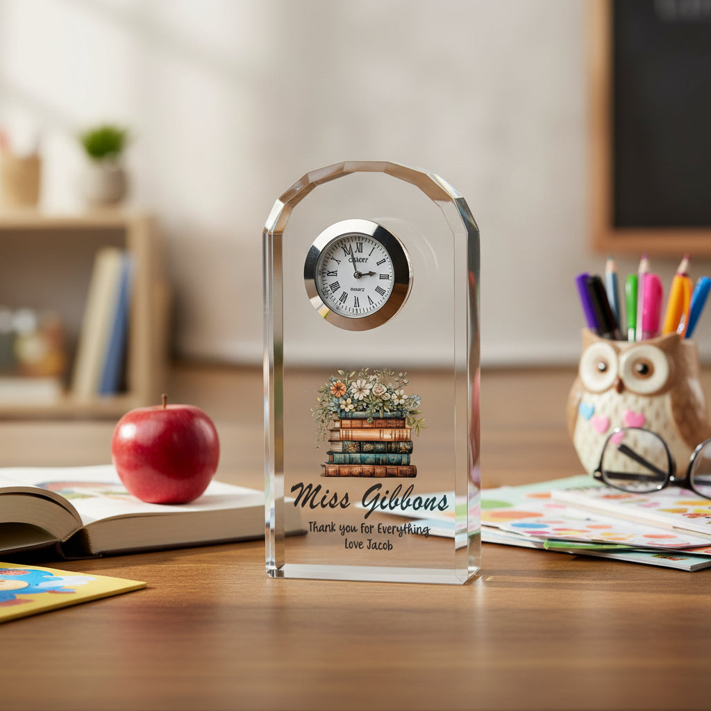 Personalised Teacher Crystal Glass Clock Gift With Floral Books For End Of Year Personalised Crystal Glass ukgiftstoreonline
