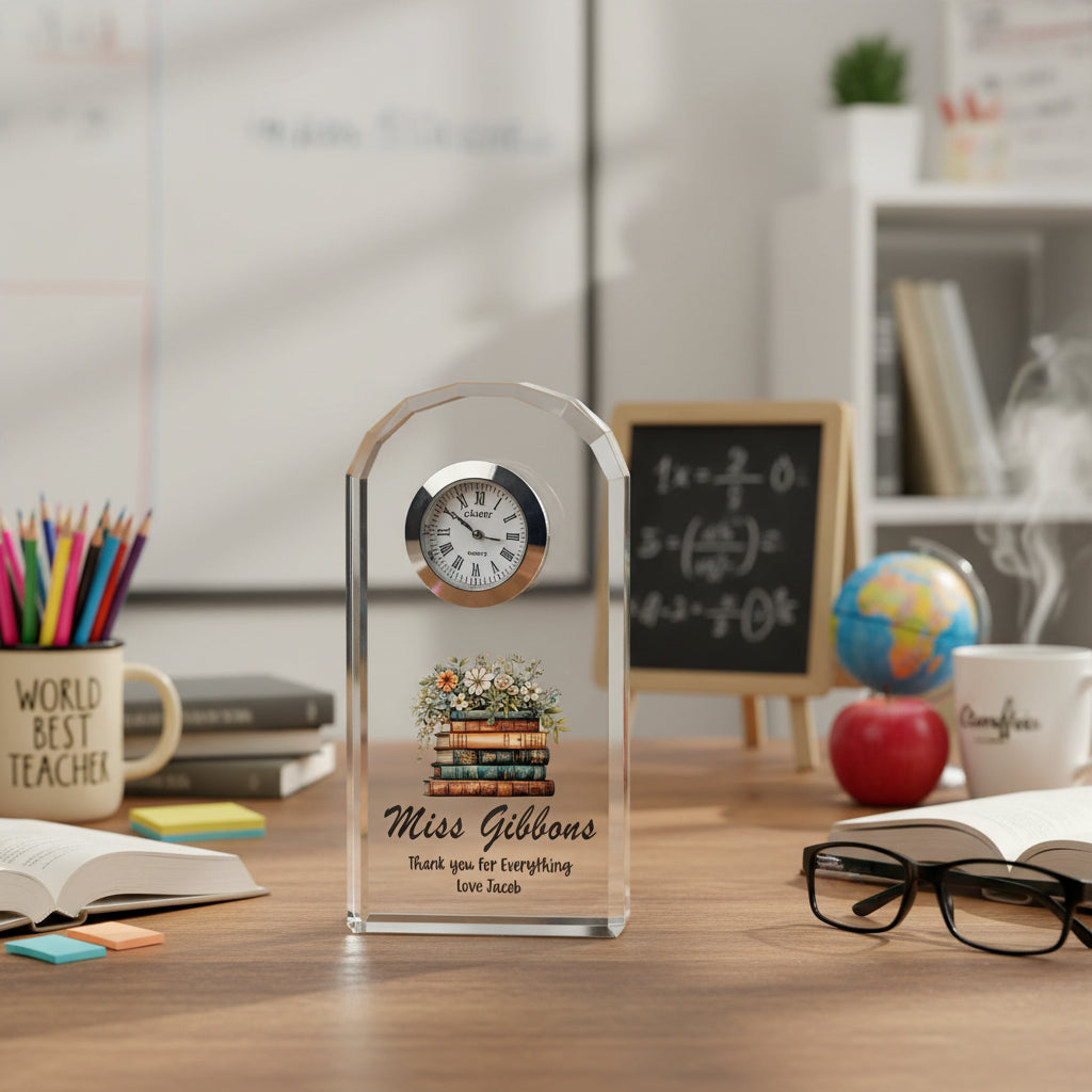 Personalised Teacher Crystal Glass Clock Gift With Floral Books For End Of Year Personalised Crystal Glass ukgiftstoreonline