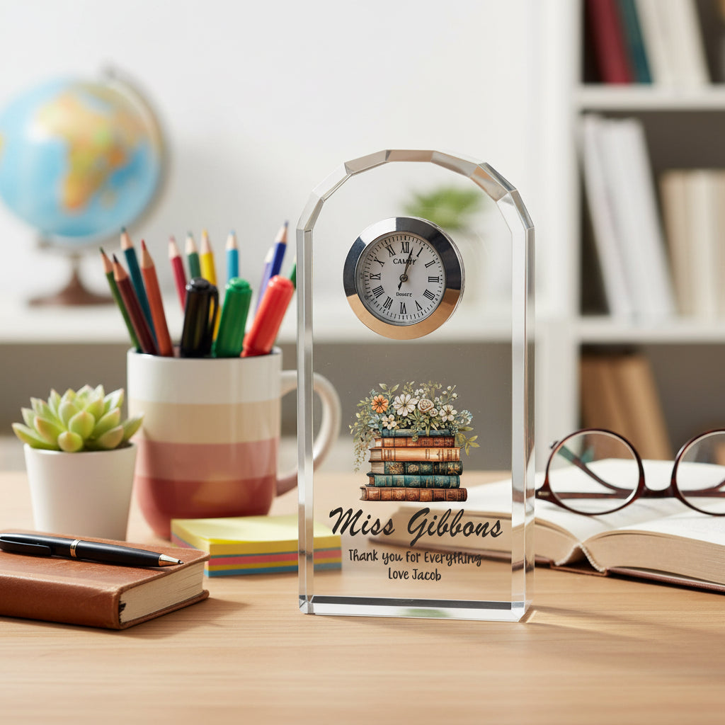 Personalised Teacher Crystal Glass Clock Gift With Floral Books For End Of Year Personalised Crystal Glass ukgiftstoreonline