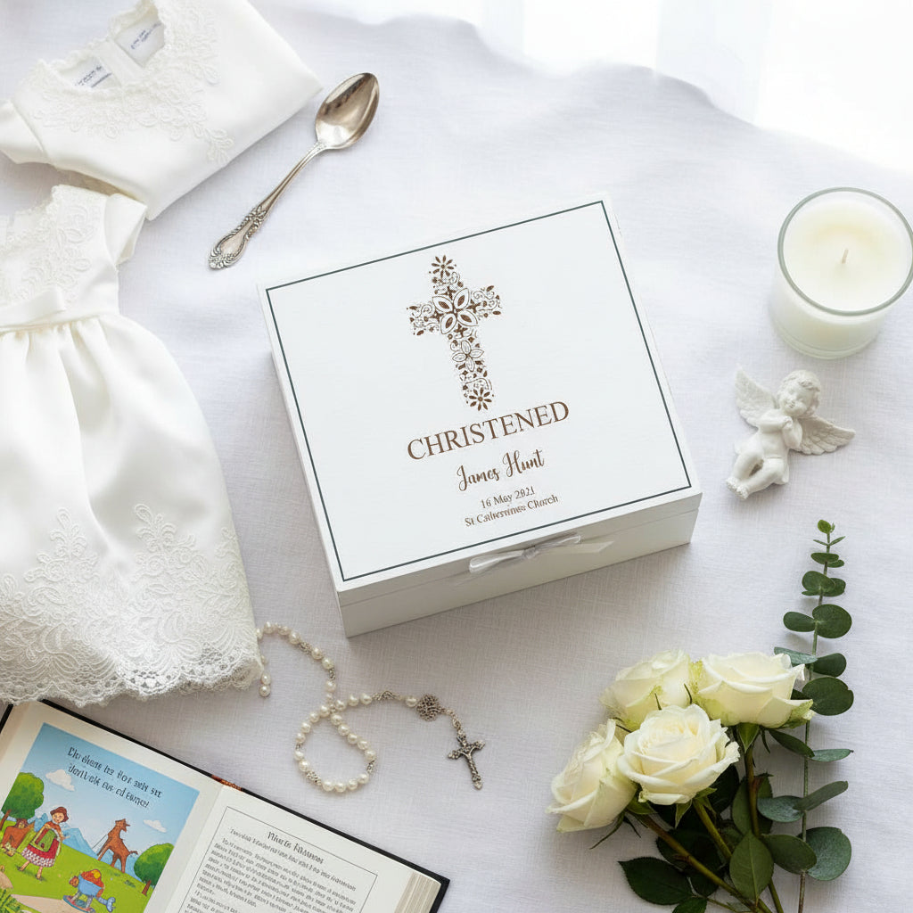 Personalised Christening White Engraved Wooden Keepsake Box With Floral Cross Design Keepsake Box ukgiftstoreonline